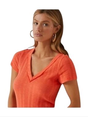 Anthropologie Pilcro Tangerine Ribbed V Neck Modal Cotton Tee Shirt Size S